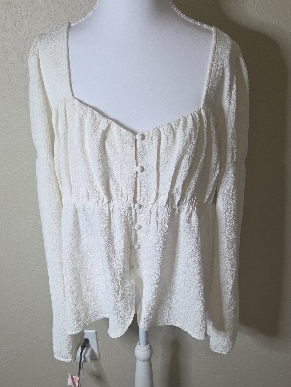 Cream Button-Front Textured Square-Neck Blouse, XL